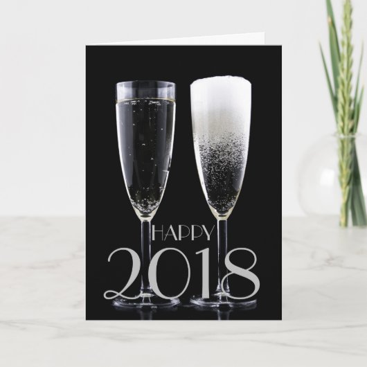 Happy New Year 2018 Black White Champagne Flute Feestdagen Kaart (Voorkant)