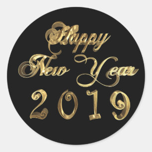 Happy New Year 2019 Black and Gold Script Ronde Sticker