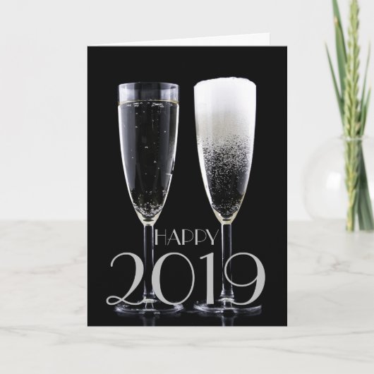 Happy New Year 2019 Black White Champagne Flute Feestdagen Kaart (Voorkant)