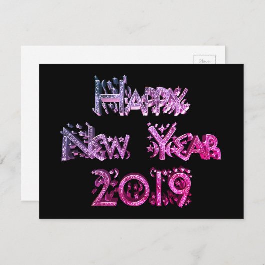 Happy New Year 2019 Elegant Black Pink Stars Tekst Feestdagenkaart (Voorkant / Achterkant)