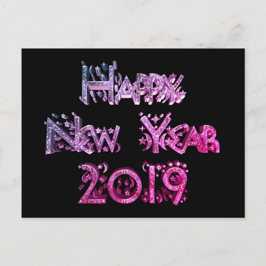 Happy New Year 2019 Elegant Black Pink Stars Tekst Feestdagenkaart (Voorkant)