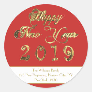 Happy New Year 2019 Red and White Gold Script Ronde Sticker
