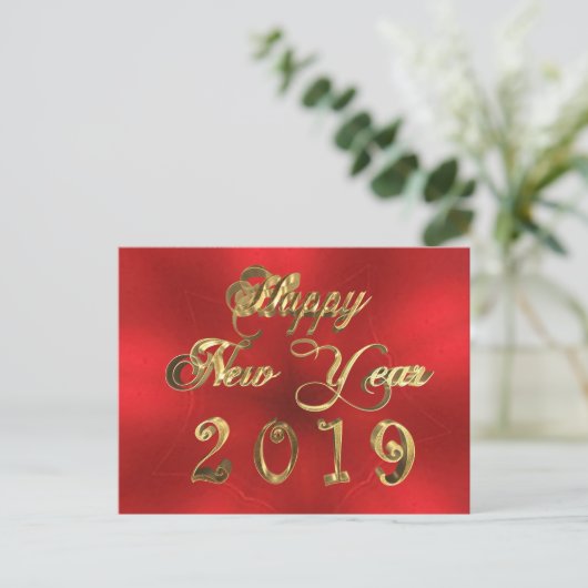 Happy New Year 2019 Script Red and Gold Chic Briefkaart (Staand voorkant)