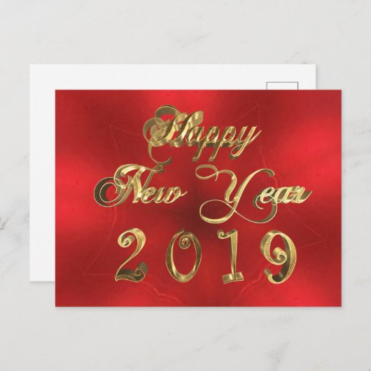 Happy New Year 2019 Script Red and Gold Chic Briefkaart (Voorkant / Achterkant)