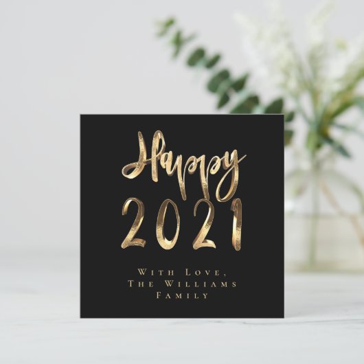 Happy New Year 2021 Elegant Black and Gold Script Feestdagenkaart (Staand voorkant)