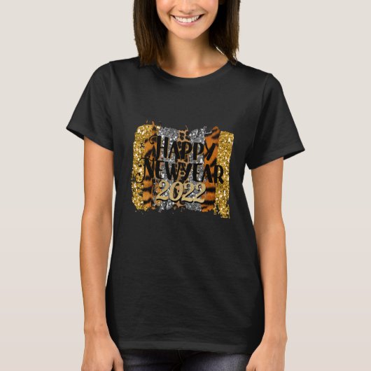 Happy New Year 2022 Glitter Gold and Leopard Print T-shirt (Voorkant)