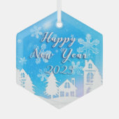 Happy New Year 2023 Blue White House Snow Glas Ornament (Voorkant)