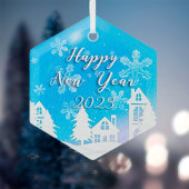 Happy New Year 2023 Blue White House Snow Glas Ornament