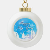 Happy New Year 2023 Blue White House Snow Keramische Bal Ornament (Voorkant)
