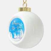 Happy New Year 2023 Blue White House Snow Keramische Bal Ornament (Rechts)