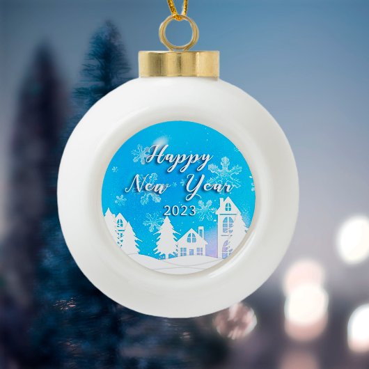 Happy New Year 2023 Blue White House Snow Keramische Bal Ornament