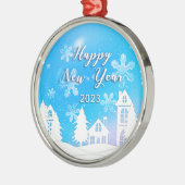 Happy New Year 2023 Blue White House Snow Metalen Ornament (Links)