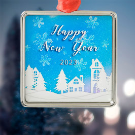 Happy New Year 2023 Blue White House Snow Metalen Ornament