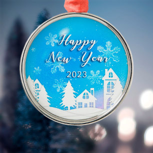 Happy New Year 2023 Blue White House Snow Metalen Ornament