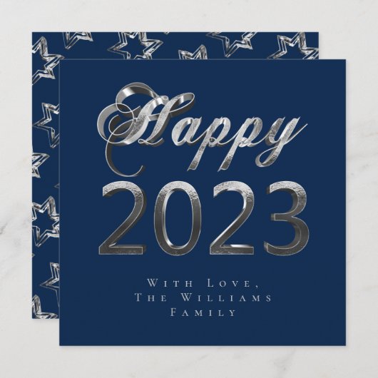 Happy New Year 2023 Chic Blue Silver Grey Script Feestdagenkaart (Voorkant / Achterkant)
