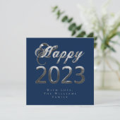 Happy New Year 2023 Chic Blue Silver Grey Script Feestdagenkaart (Staand voorkant)