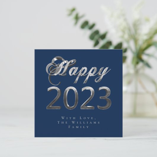 Happy New Year 2023 Chic Blue Silver Grey Script Feestdagenkaart (Staand voorkant)