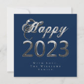 Happy New Year 2023 Chic Blue Silver Grey Script Feestdagenkaart (Voorkant)