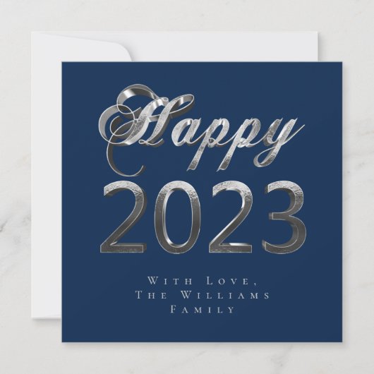 Happy New Year 2023 Chic Blue Silver Grey Script Feestdagenkaart (Voorkant)