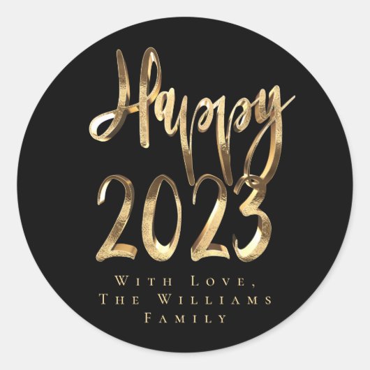 Happy New Year 2023 Elegant Black and Gold Script Ronde Sticker (Voorkant)