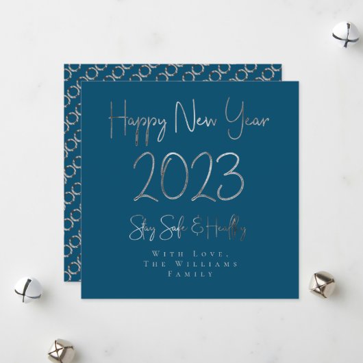 Happy New Year 2023 Elegant Script Ocean Blue Feestdagenkaart (Voorkant / Achterkant in situ)