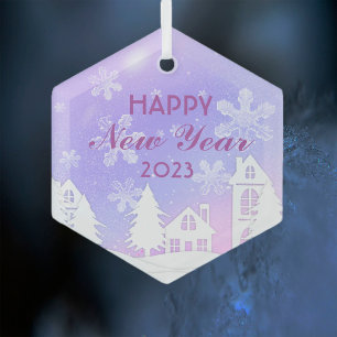 Happy New Year 2023 Paars White House Snow Glas Ornament