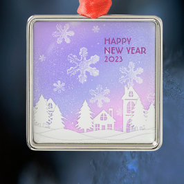 Happy New Year 2023 Paars White Snow House Metalen Ornament