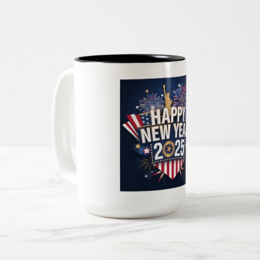 Happy New Year 2025 Design - Levendig en feestelij Tweekleurige Koffiemok (Voorkant links)