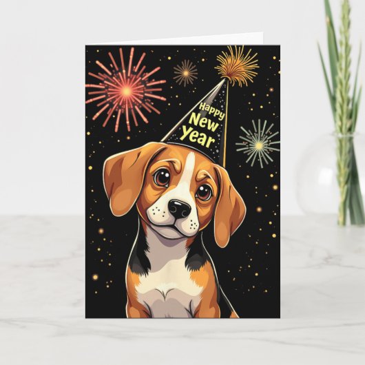 Happy New Year 2025 Eve Firework Dog Funny Beagle  Kaart (Voorkant)