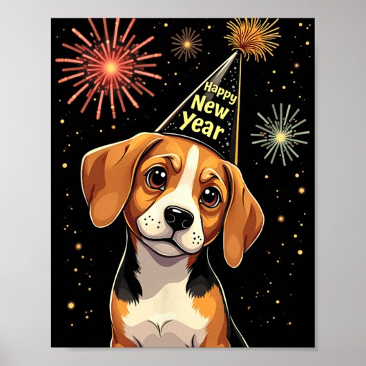 Happy New Year 2025 Eve Firework Dog Funny Beagle Poster (Voorkant)
