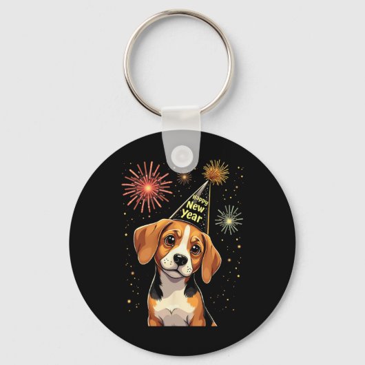 Happy New Year 2025 Eve Firework Dog Funny Beagle Sleutelhanger (Voorkant)