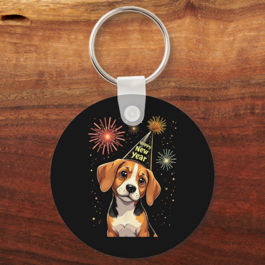 Happy New Year 2025 Eve Firework Dog Funny Beagle Sleutelhanger (Voorkant)