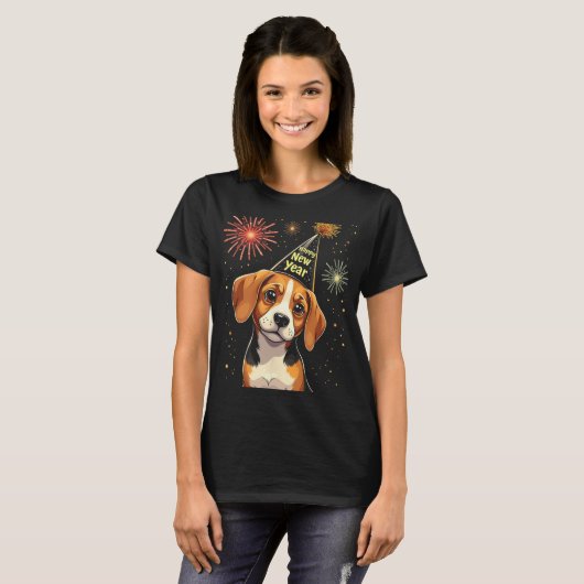Happy New Year 2025 Eve Firework Dog Funny Beagle  T-shirt (Voorkant volledig)