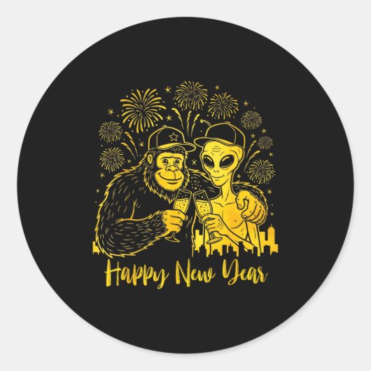 Happy New Year 2026 Bigfoot Alien Lovers New Years Ronde Sticker (Voorkant)