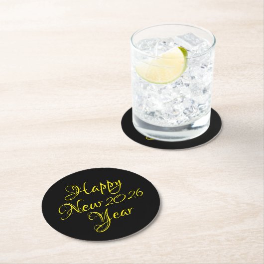 Happy New Year 2026 Black and Yellow Script  Ronde Kartonnen Onderzetter (Insitu)