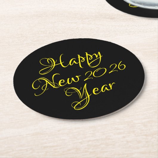 Happy New Year 2026 Black and Yellow Script Ronde Kartonnen Onderzetter (Gebogen)