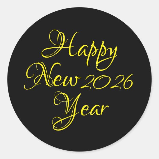 Happy New Year 2026 Black and Yellow Script  Ronde Sticker (Voorkant)