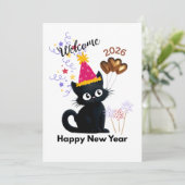 Happy New Year 2026 Black Cat Card  Feestdagenkaart (Staand voorkant)