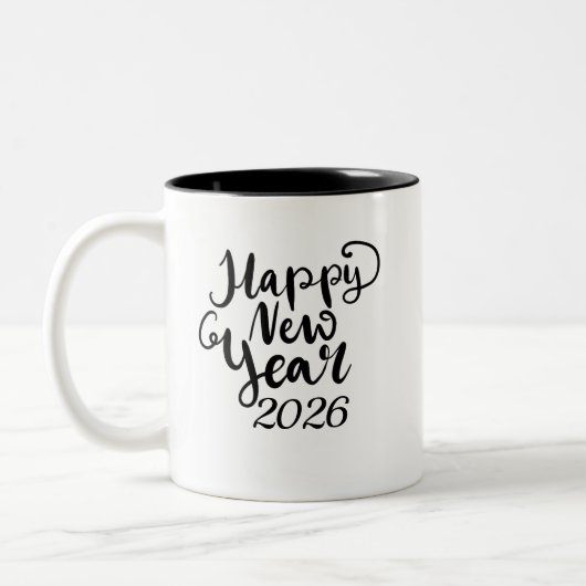 Happy New Year 2026 Black Text Mug Tweekleurige Koffiemok (Links)