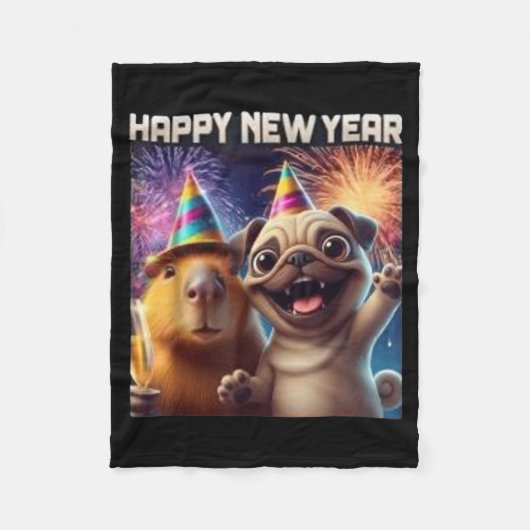 Happy New Year 2026 Capybara Pug Party Art  Fleece Deken (Voorkant)