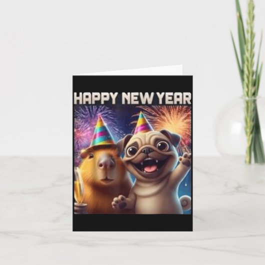 Happy New Year 2026 Capybara Pug Party Art  Kaart (Voorkant)