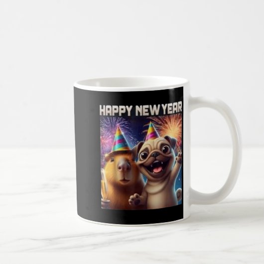 Happy New Year 2026 Capybara Pug Party Art  Koffiemok (Rechts)