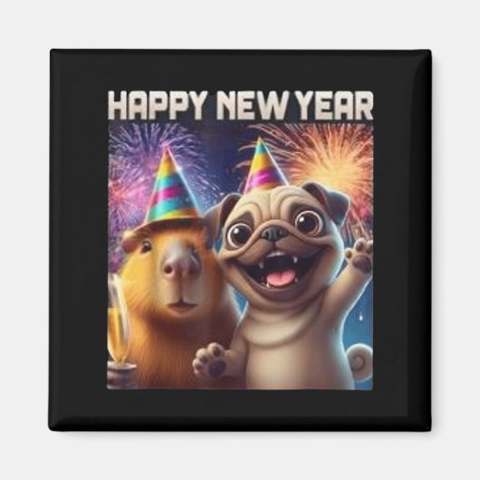 Happy New Year 2026 Capybara Pug Party Art  Magneet (Voorkant)