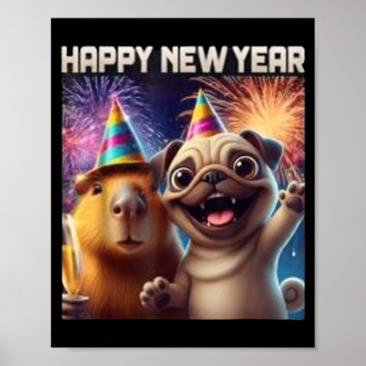 Happy New Year 2026 Capybara Pug Party Art  Poster (Voorkant)
