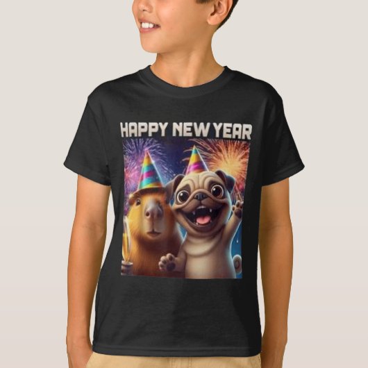 Happy New Year 2026 Capybara Pug Party Art  T-shirt (Voorkant)