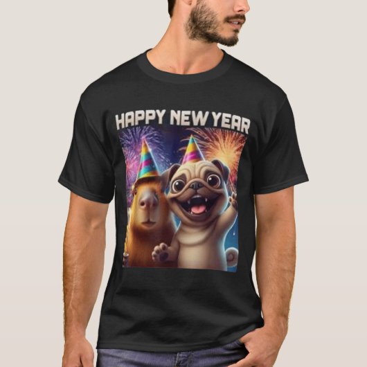 Happy New Year 2026 Capybara Pug Party Art  T-shirt (Voorkant)
