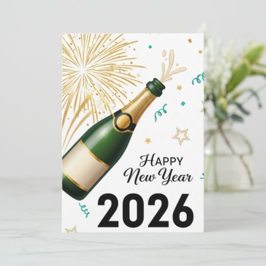 Happy New Year 2026 Champagne & Fireworks Greeting Bedankkaart (Staand voorkant)