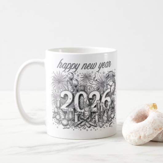 happy new year 2026 coffee mug koffiemok (Met donut)