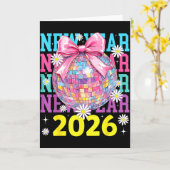 Happy New Year 2026 Coquette Bow &amp; Disco Ball  Kaart (Gele Bloem)