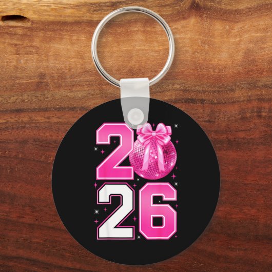 Happy New Year 2026 Coquette Bow &amp; Disco Ball  Sleutelhanger (Voorkant)